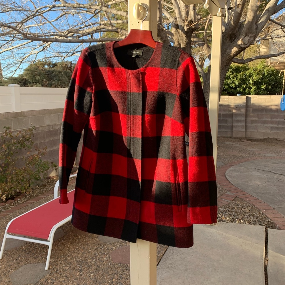 Talbots wool coat red and black plaid size S